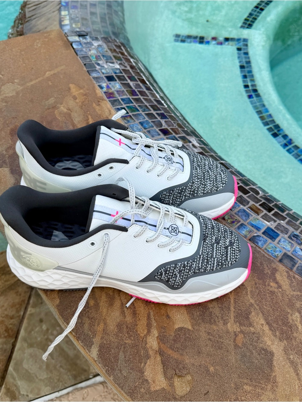 G/FORE Mens White & Gray Golf Sneakers with Pink Trim